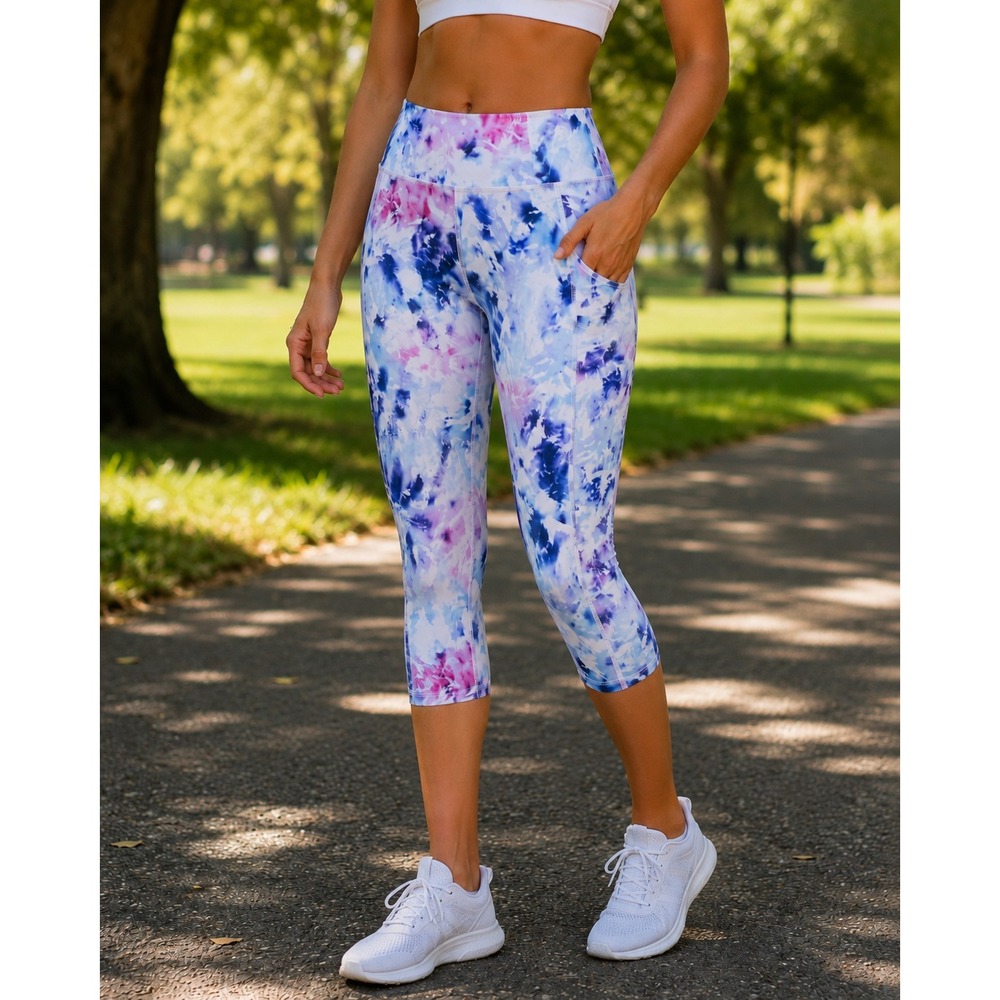 Gaiam High Waisted Tie Dye Cropped Leggings with Pockets Blue Purple White M